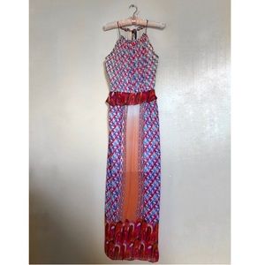 Multi-Colored Maxi Dress with Front Slit & Ruffles